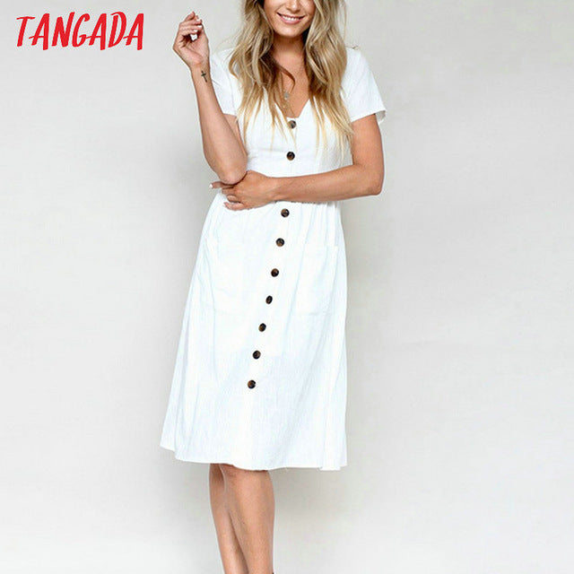 Tangada 2018 summer cotton dress women tunic v neck short sleeve pink midi dresses pocket casual vestidos female AON04