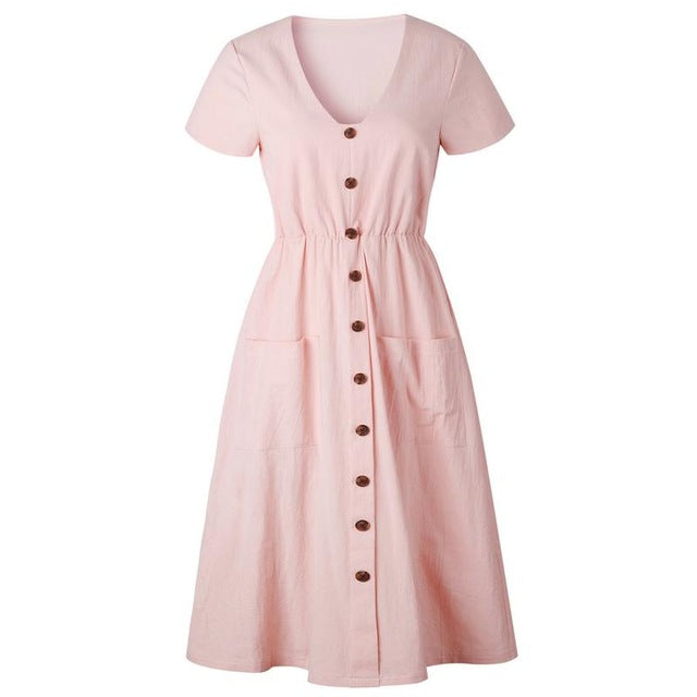 Tangada 2018 summer cotton dress women tunic v neck short sleeve pink midi dresses pocket casual vestidos female AON04
