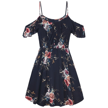 Timeson Summer Floral Print Women Chiffon White Dress Ruffle Off Shoulder Spaghetti Strap Female Tunic Girl Casual Beach Dresses