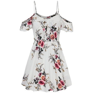 Timeson Summer Floral Print Women Chiffon White Dress Ruffle Off Shoulder Spaghetti Strap Female Tunic Girl Casual Beach Dresses