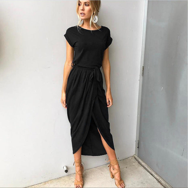 TissarLG Women Summer Dress Bohemian Asymmetrical Solid Ankle-length Empire O-neck High Quality dress