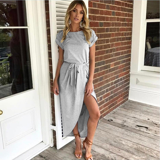 TissarLG Women Summer Dress Bohemian Asymmetrical Solid Ankle-length Empire O-neck High Quality dress