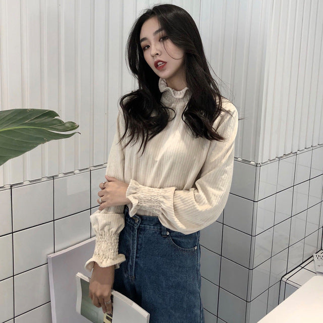 Turtleneck Ruffles Pleated Sleeve Women Blouses Shirt Elegant Long Sleeve Solid Tees female casual tops chemise 2018