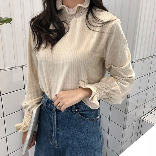 Turtleneck Ruffles Pleated Sleeve Women Blouses Shirt Elegant Long Sleeve Solid Tees female casual tops chemise 2018