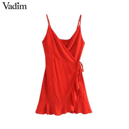 Vadim sweet ruffled dot print wrap dress V neck sleeveless adjustable straps female casual chic mini dresses Vestidos QA355