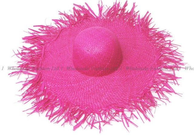 Wholesale 10pcs Ladies Big Wide Brim Raffia Straw Hats Womens Plain Large Beach Summer Sun Straw Caps Fringed Nature Brimmed Cap