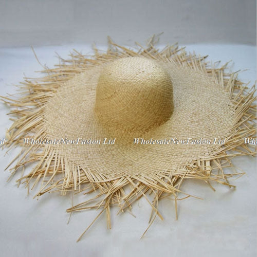 Wholesale 10pcs Ladies Big Wide Brim Raffia Straw Hats Womens Plain Large Beach Summer Sun Straw Caps Fringed Nature Brimmed Cap