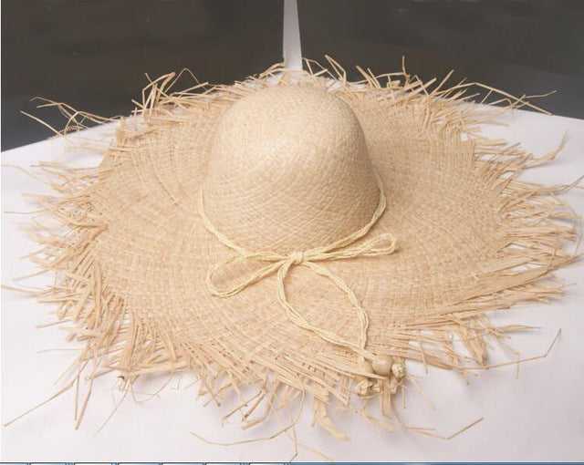 Wholesale 10pcs Ladies Big Wide Brim Raffia Straw Hats Womens Plain Large Beach Summer Sun Straw Caps Fringed Nature Brimmed Cap