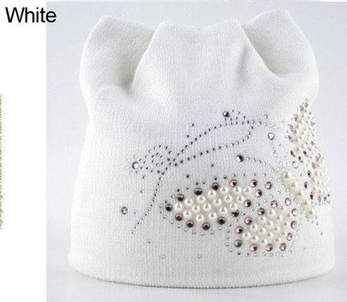 Winter Cat Beanie Hat Ladies Knit Hats For Women Beanies Caps Pearls Butterfly Diamond Beanie Touca Knitted Cap With Ear Flaps