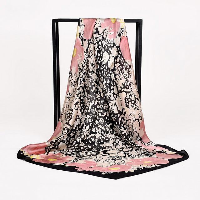 Women Black White 100% Silk Big Square Silk Scarves Printed Fashion Plaid Crepe Satin Scarf Shawl Spring Autumn Scarf Cape 90cm