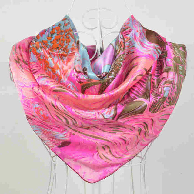 Women Black White 100% Silk Big Square Silk Scarves Printed Fashion Plaid Crepe Satin Scarf Shawl Spring Autumn Scarf Cape 90cm