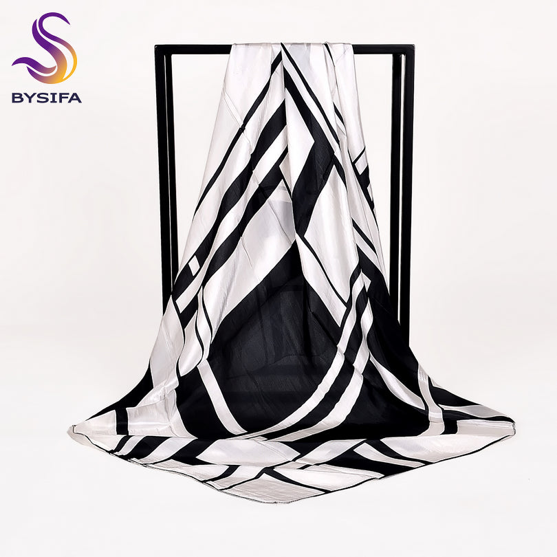 Women Black White 100% Silk Big Square Silk Scarves Printed Fashion Plaid Crepe Satin Scarf Shawl Spring Autumn Scarf Cape 90cm