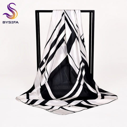 Women Black White 100% Silk Big Square Silk Scarves Printed Fashion Plaid Crepe Satin Scarf Shawl Spring Autumn Scarf Cape 90cm