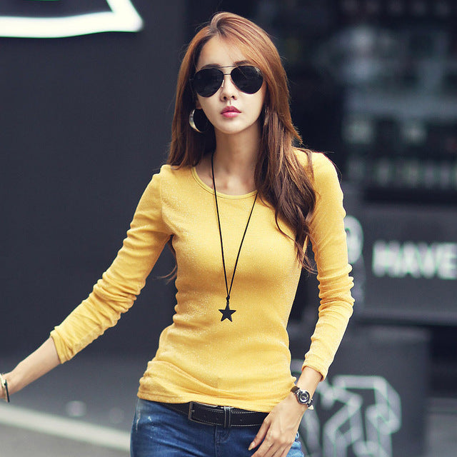 Women Fashion Shirts 2018 New Autumn Solid Women T-shirts Long Sleeve O-Neck Bright Wire Basic Casual Female Top Tees Elasticity