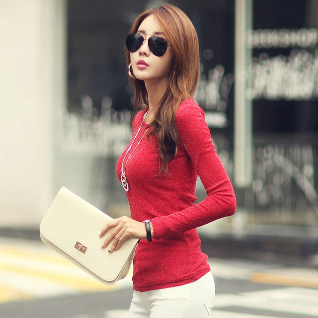 Women Fashion Shirts 2018 New Autumn Solid Women T-shirts Long Sleeve O-Neck Bright Wire Basic Casual Female Top Tees Elasticity