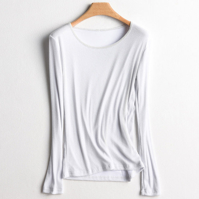 Women Fashion Shirts 2018 New Autumn Solid Women T-shirts Long Sleeve O-Neck Bright Wire Basic Casual Female Top Tees Elasticity
