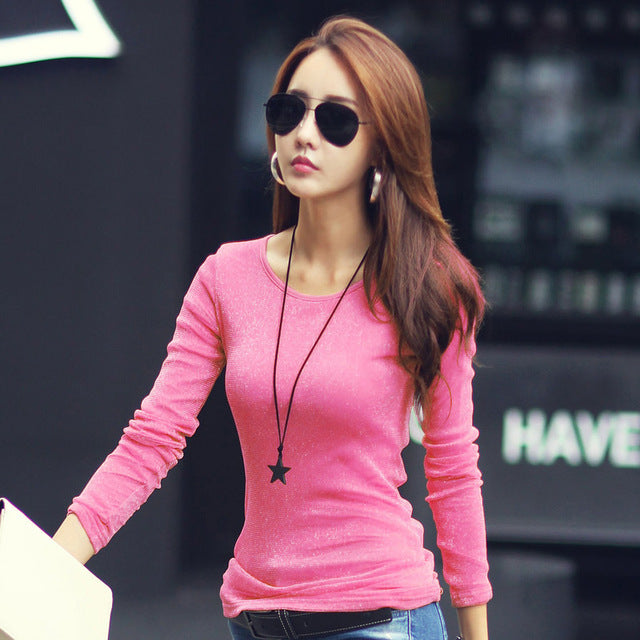 Women Fashion Shirts 2018 New Autumn Solid Women T-shirts Long Sleeve O-Neck Bright Wire Basic Casual Female Top Tees Elasticity