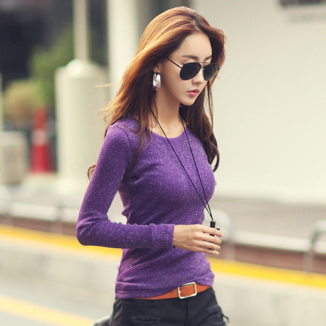 Women Fashion Shirts 2018 New Autumn Solid Women T-shirts Long Sleeve O-Neck Bright Wire Basic Casual Female Top Tees Elasticity