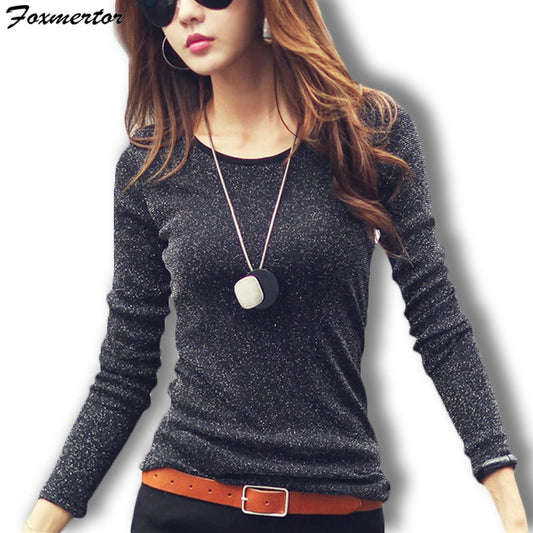 Women Fashion Shirts 2018 New Autumn Solid Women T-shirts Long Sleeve O-Neck Bright Wire Basic Casual Female Top Tees Elasticity