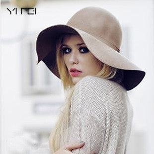 YIFEI New Pillbox Hat Women Wide Brim Felt Bowler Fedora Hat Floppy Sun Bowknot Cloche Cap Women's Large Hat 10 Colors outdoor