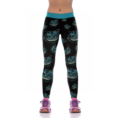 [You're My Secret] Halloween Women Leggings High Waist Silm Fitness Leggins Alice In Wonderland Smile Cat Digital Print Pants