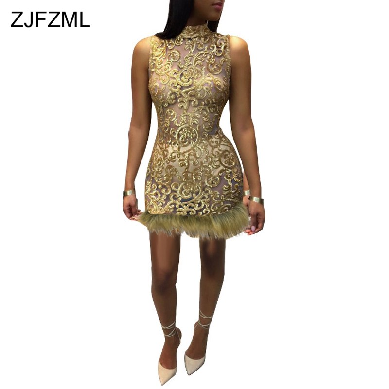 ZJFZML Gold Sequined Sexy Party Dresses Women Faux Fur Bottom Sleeveless Bodycon Dress Turtleneck Hollow Back Zipper Mini Dress