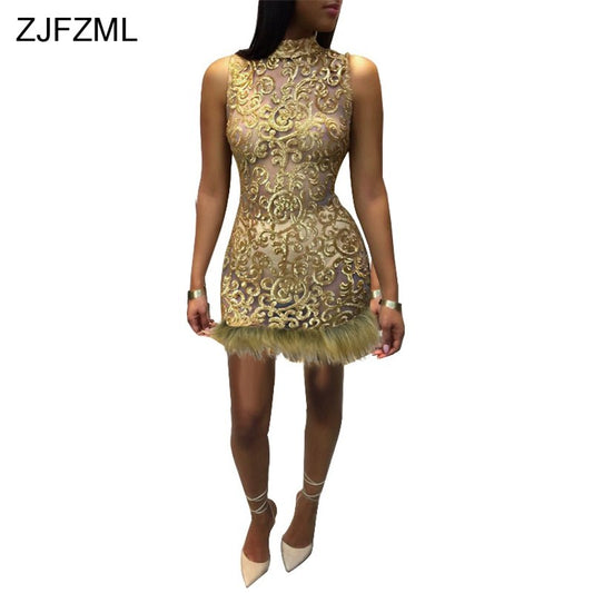 ZJFZML Gold Sequined Sexy Party Dresses Women Faux Fur Bottom Sleeveless Bodycon Dress Turtleneck Hollow Back Zipper Mini Dress