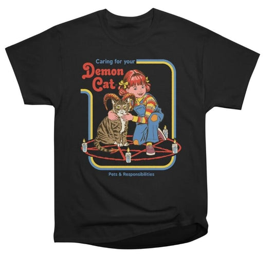 hahayule Caring For Your Demon Cat Unisex 70s Retro Style Black T-Shirt Funny Cat Printed Tee Hipsters Goth Grunge Tops
