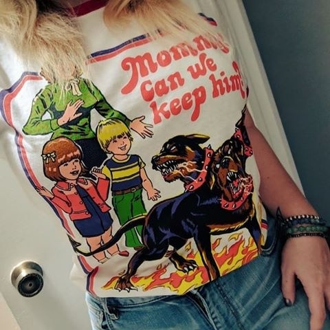 hahayule Mommy Can We Keep Him 80s Vintage Ringer T-Shirt  Hipsters Grunge Satanic Funny Tee Nostalgia Horror Illustration Shirt