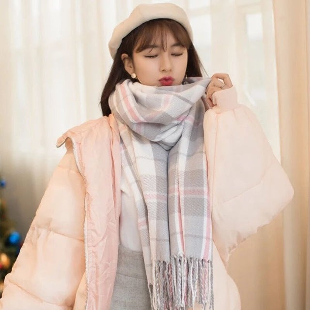 mingjiebihuo New Fashion Ms. Scarf Autumn and winter Korean Long Student Plaid Japanese Small Fresh Thicken Joker