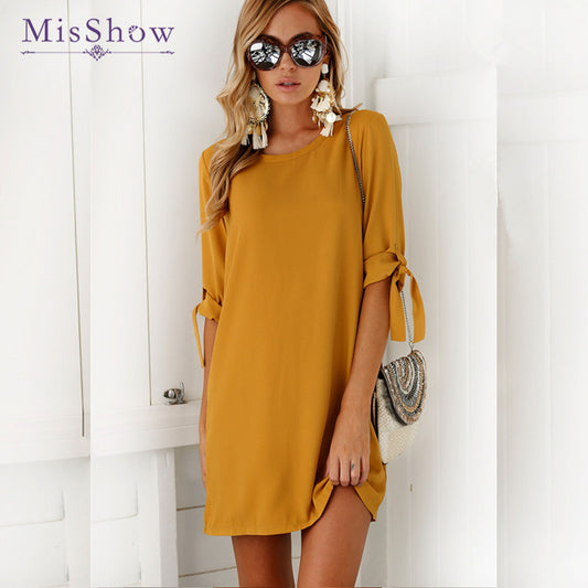 MisShow 2018 Fashio Autumn Chiffon Dress Sexy O-Neck Women Casual Half Sleeve Dresses Summer A-Line Black Bandage Dress