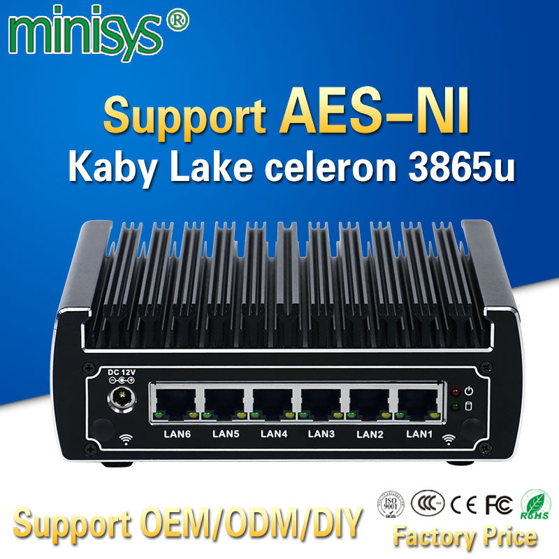 pfsense computers intel kaby lake celeron 3865u dual core fanless mini pc 6 gigabit lans firewall router support AES-NI 4*USB3.0