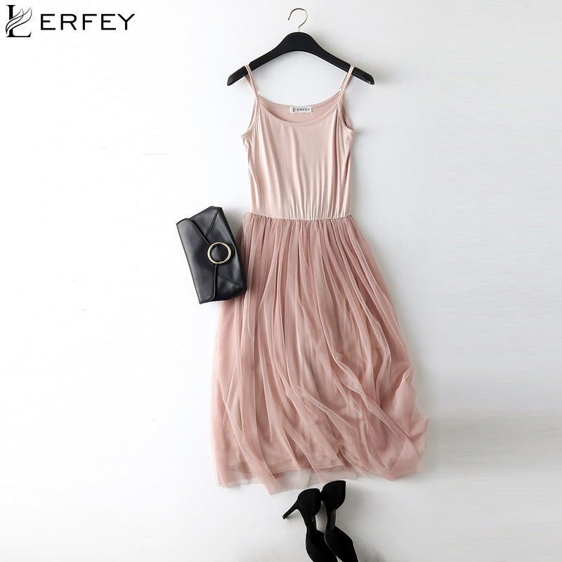 LERFEY Sexy Spaghetti Strap Patchwork Mesh Dress Spring Summer Women Gauze Lace Tank Casual Dresses Sundress Party Vestidos