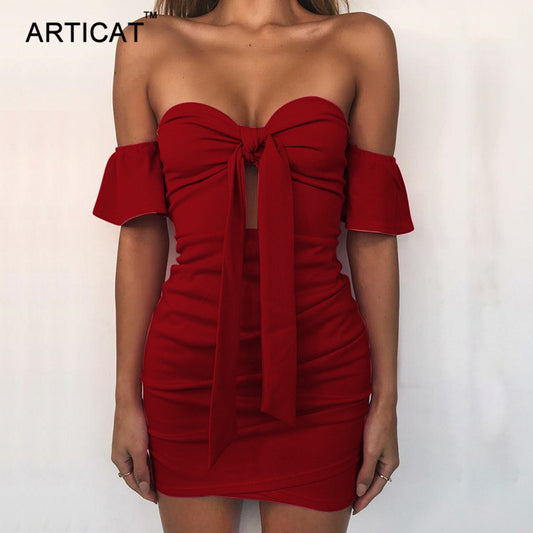 Articat Off Shoulder Strapless Sexy Ruched Summer Dress Women Bow Knot Backless Mini Dress Short Sleeve Bodycon Bandage Dresses