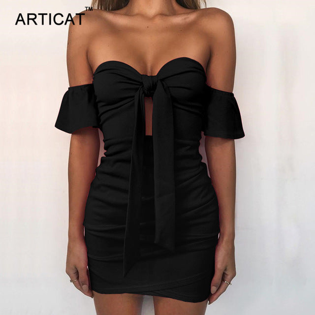 Articat Off Shoulder Strapless Sexy Ruched Summer Dress Women Bow Knot Backless Mini Dress Short Sleeve Bodycon Bandage Dresses