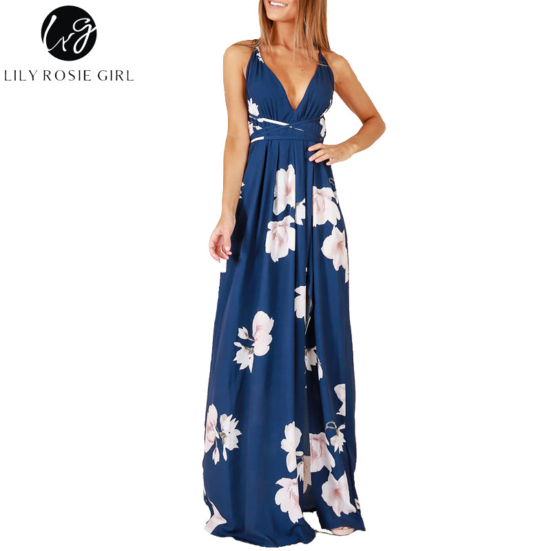 Lily Rosie Girl Sexy Sleeveless V Neck Blue Women Maxi Dress Summer Floral Print Boho Beach Long Dresses Split Party 2018Vestido