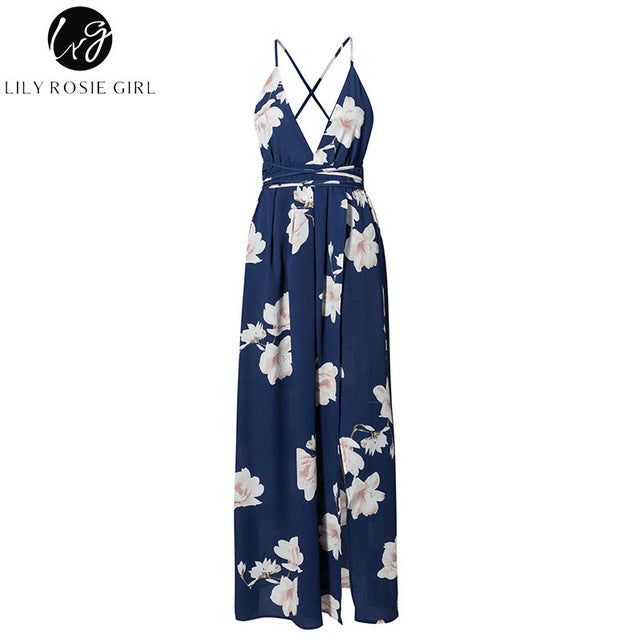 Lily Rosie Girl Sexy Sleeveless V Neck Blue Women Maxi Dress Summer Floral Print Boho Beach Long Dresses Split Party 2018Vestido