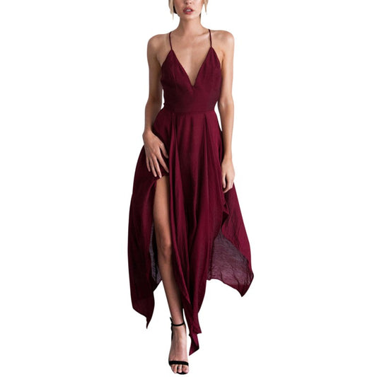 Women Summer Elegance Halter Sleeveless Sling Irregular Long Sexy V Neck Dress Casual Beach Dress