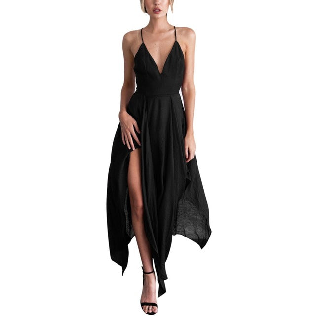 Women Summer Elegance Halter Sleeveless Sling Irregular Long Sexy V Neck Dress Casual Beach Dress