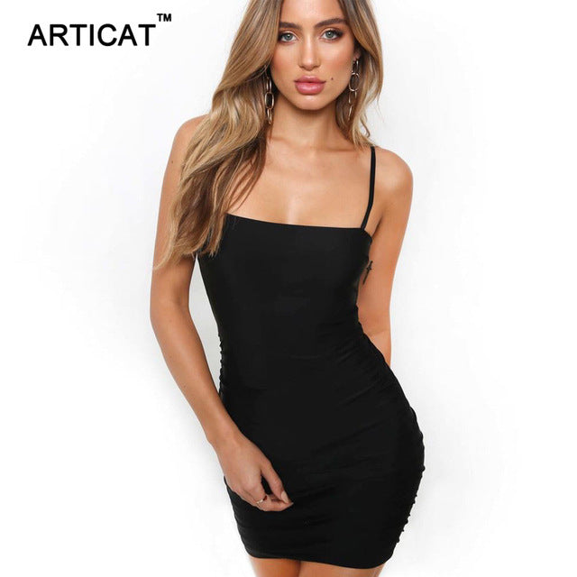 Articat Sexy Backless Lace Up Mini Dress Women Summer Strap Sleeveless Bodycon Slim Dress Ladies Evening Party Dresses Vestidos