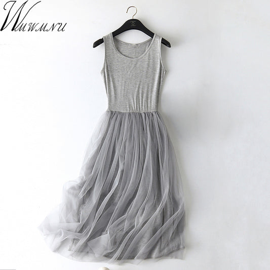 2018 New Sexy many solid color Patchwork Mesh Dress Summer Women Gauze Lace Tank Dress Basic Sundress Party dresses Vestidos