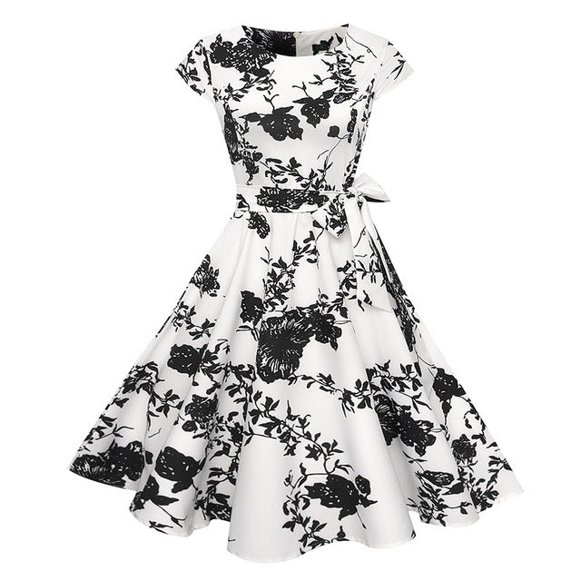 Women Summer Floral Dress 2018 50s Vintage Casual Elegant Print O Neck Party Work Office Dress Retro Rockabilly Vestidos