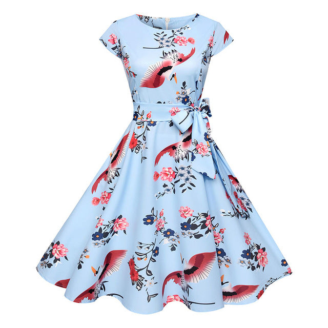 Women Summer Floral Dress 2018 50s Vintage Casual Elegant Print O Neck Party Work Office Dress Retro Rockabilly Vestidos