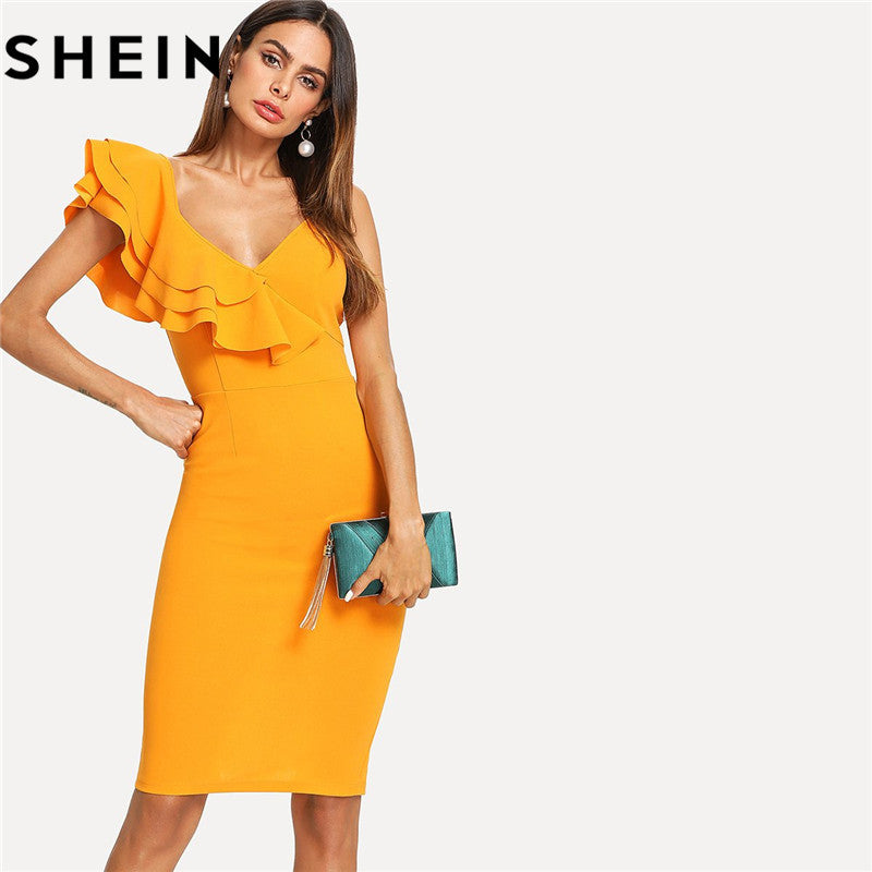 SHEIN Sleeveless Ruffle Layered Flounce Trim Split Back V Neck Party Bodycon Dress Women Summer Knee Length Slim Pencil Dress