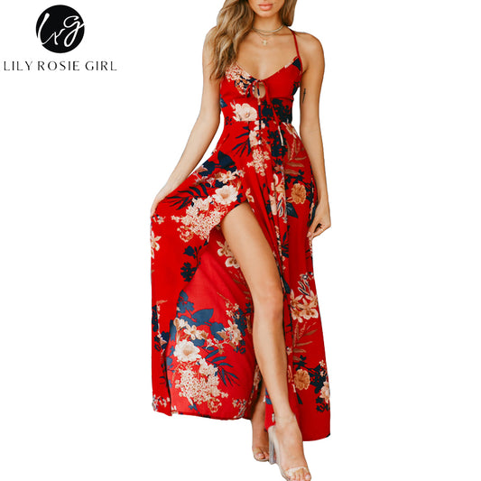 Lily Rosie Girl Red Floral Print Sexy Lace Up V Neck Women Maxi Dresses Summer Split Backless Beach Long Vestidos Boho Dress