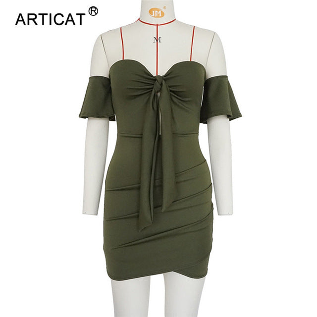 Articat Off Shoulder Strapless Sexy Ruched Summer Dress Women Bow Knot Backless Mini Dress Short Sleeve Bodycon Bandage Dresses