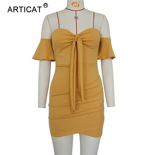 Articat Off Shoulder Strapless Sexy Ruched Summer Dress Women Bow Knot Backless Mini Dress Short Sleeve Bodycon Bandage Dresses