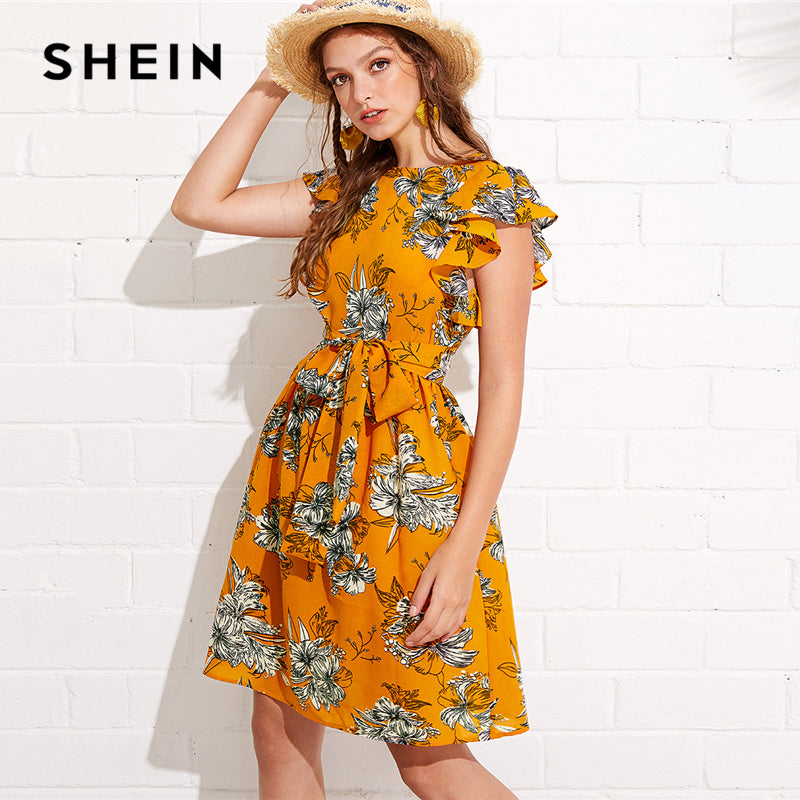 SHEIN Flutter Sleeve Self Belted Floral Dress 2018 Summer Butterfly Sleeve Vacation Clothing Women Beach Ruffle Dress