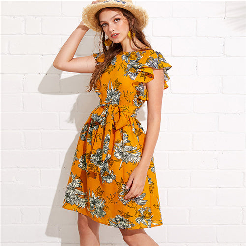 SHEIN Flutter Sleeve Self Belted Floral Dress 2018 Summer Butterfly Sleeve Vacation Clothing Women Beach Ruffle Dress