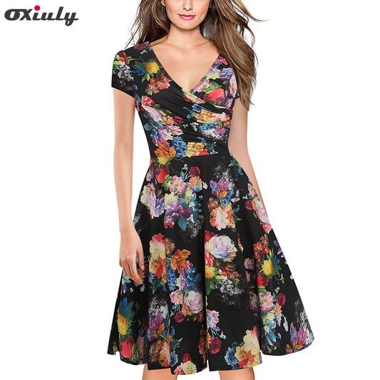 Oxiuly Women Bamboo Leaf Floral Print Ruffle V Neck Dress Short Sleeve Knee Length Dresses Ladies Casual A-Line Dress Vestidos